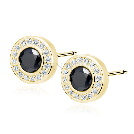 Silver (925) gold-plated elegant round earrings with black zirconia