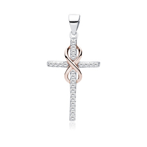 Silver (925) pendant cross with zirconia and rose gold-plated infinity sign