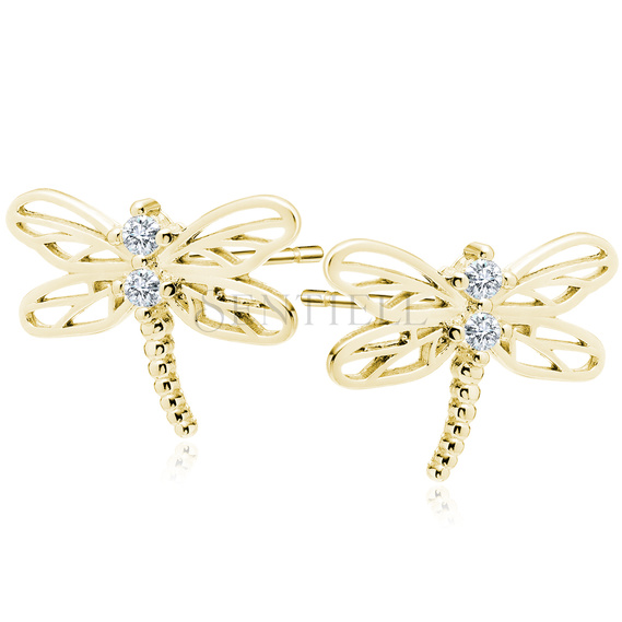 Silver (925) gold-plated earrings - dragonfly with white zirconias