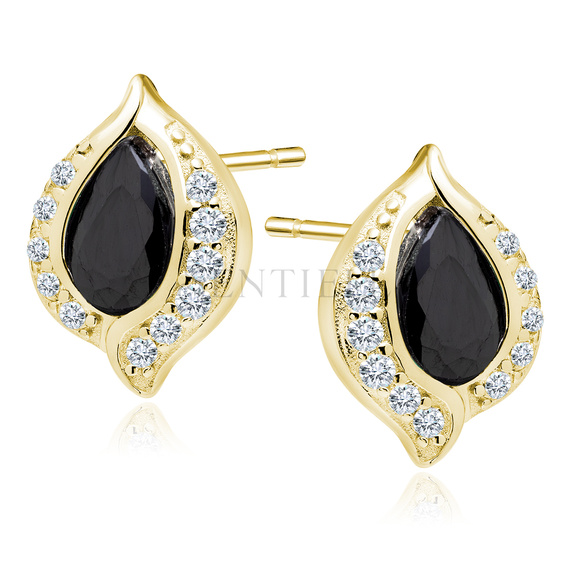 Silver, gold-plated, delicate earrings (925) black drop with white zirconias