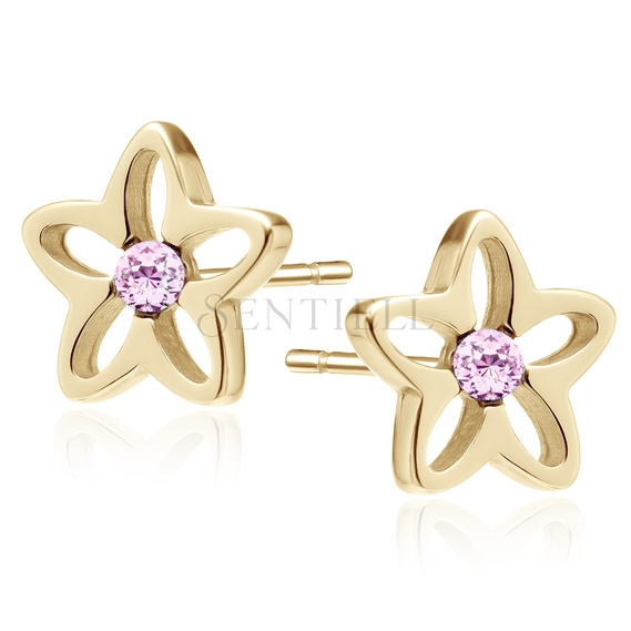 Silver (925) gold-plated earrings with pink zirconia - flowers