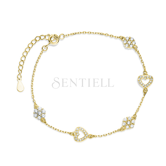 Silver (925) gold-plated bracelet, flowers and hearts with white zirconias