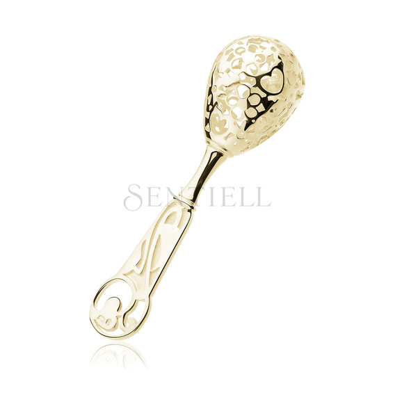 Silver (925) gold-plated children rattle - openwork with hearts & flowers