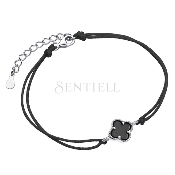 Pulsera de plata de ley 925 con ónix negro y cordón negro - cuatrifolio