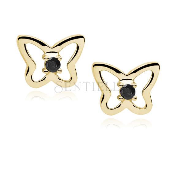 Silver (925) Earrings black zirconia - butterflies gold-plated
