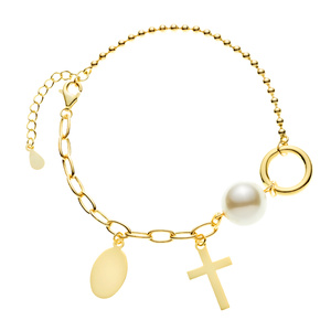 Silver (925) gold-plated bracelet - two types of chain, circle, oval plate, cross and pearl