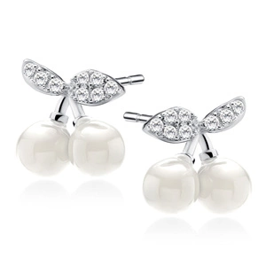 Silver (925) earrings - cherries with white zirconiaa and pearl