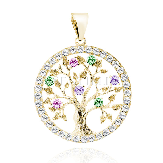 Colgante de árbol de la suerte en plata de ley 925 chapado en oro con circonitas de colores