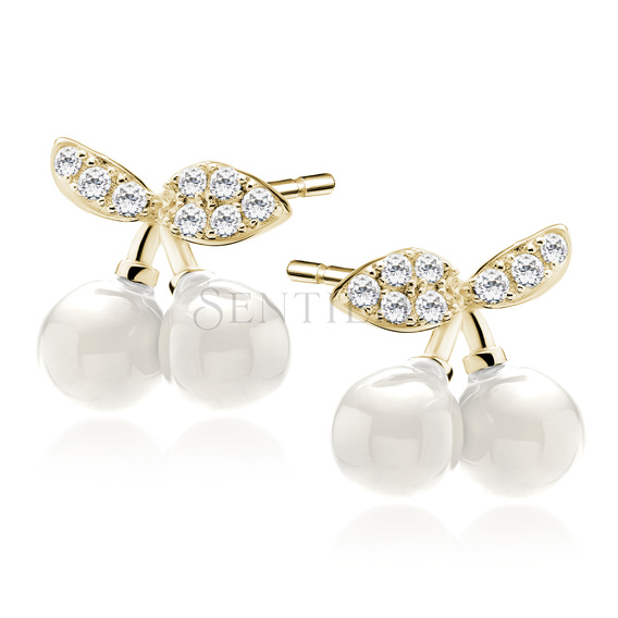 Silver (925) gold-plated earrings - cherries with white zirconia and pearl