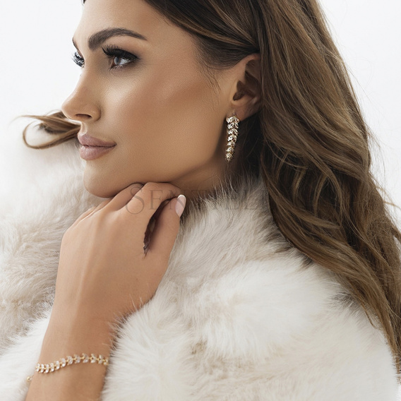 Pendientes largos de hoja en plata de ley 925 chapados en oro con circonitas