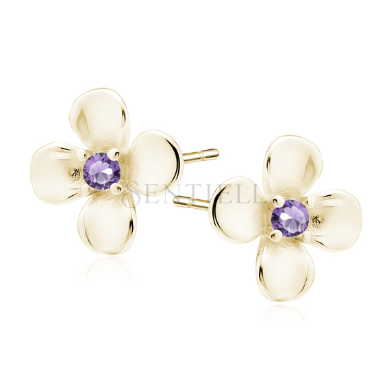 Silver (925) gold-plated earrings flowers with violet zirconias