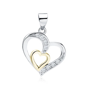 Silver (925) pendant - gold-plated heart in heart with zirconia