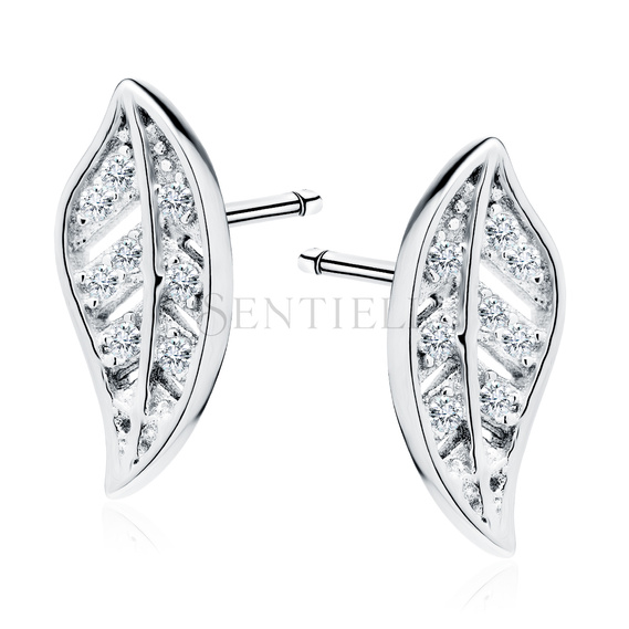 Silver (925) elegant earrings - leaf with zirconia