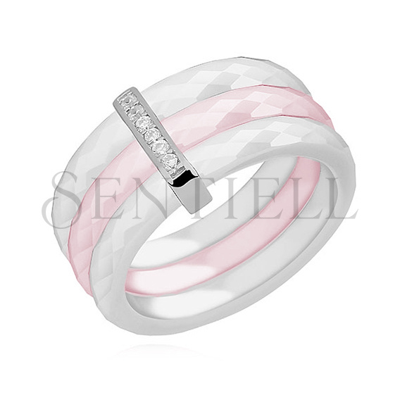 Triple ceramic white and pink ring, with silver (925) rectangular element with zirconia