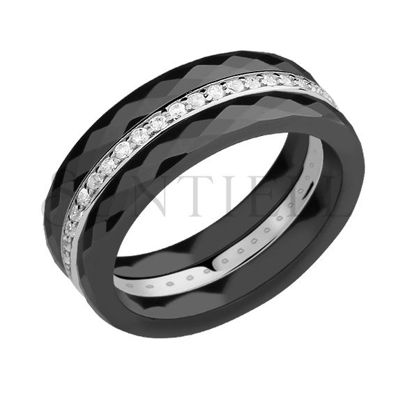 Ceramic black rings and silver (925) ring with white zirconia