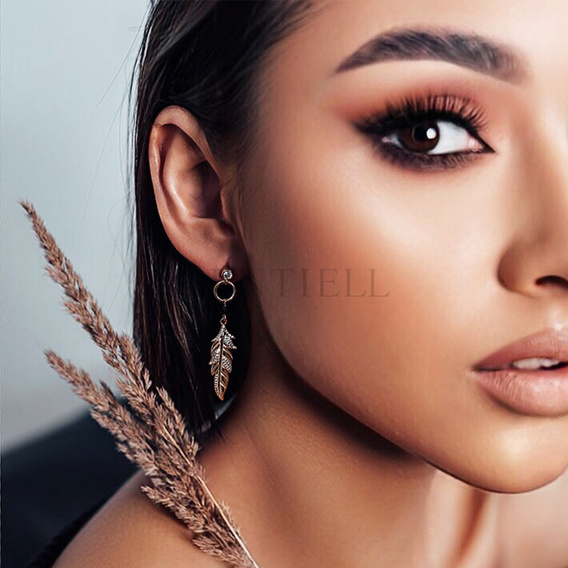 Silver (925) gold-plated earrings with black spinel and white zirconias - feather