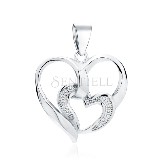 Silver (925) pendant - heart with smaller heart with zirconias