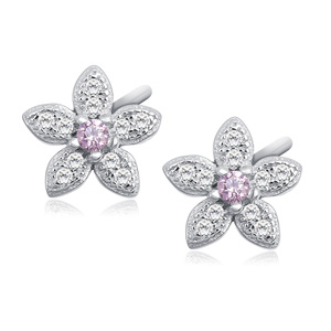 Silver (925) elegant earrings - flowers with light pink zirconia