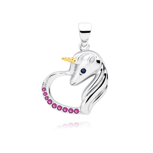 Silver (925) heart pendant - unicorn with ruby zirconias and sapphire eye