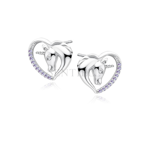 Silver (925) heart earrings - unicorn with violet zirconias and white eye