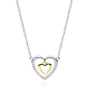 Silver (925) rhodium and gold-plated necklace - double heart with zirconias