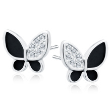 Silver (925) enameled earrings black butterflies with white zirconias