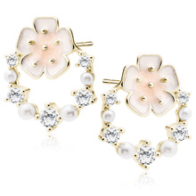 Silver (925) enameled gold-plated flower earrings with white zirconias and pearls