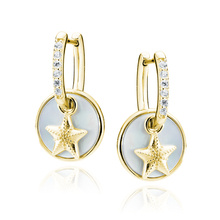 Silver (925) gold-plated earrings with white zirconias - stars in circles with Mother of pearl