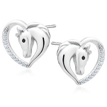 Silver (925) heart earrings - horse with black eye and white zirconias