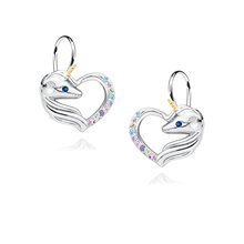 Silver (925) heart earrings - unicorn with various zirconias and sapphire eye
