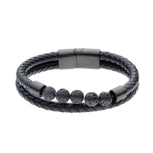 Stainless steel bracelet with leather straps and volcanic lava stones