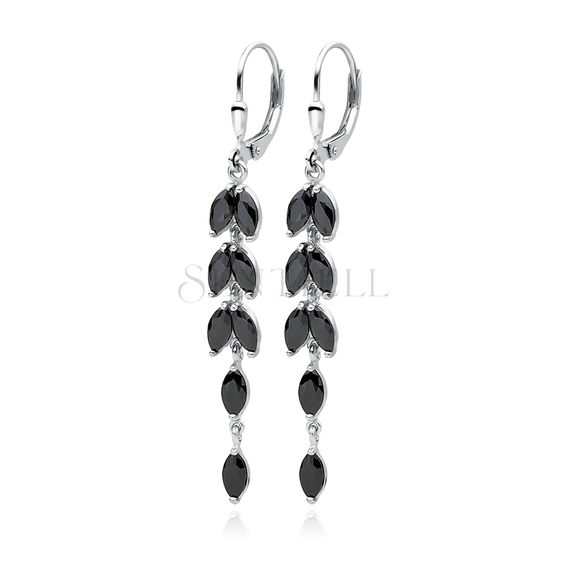 Silver (925) Earrings long leafs with black zirconia