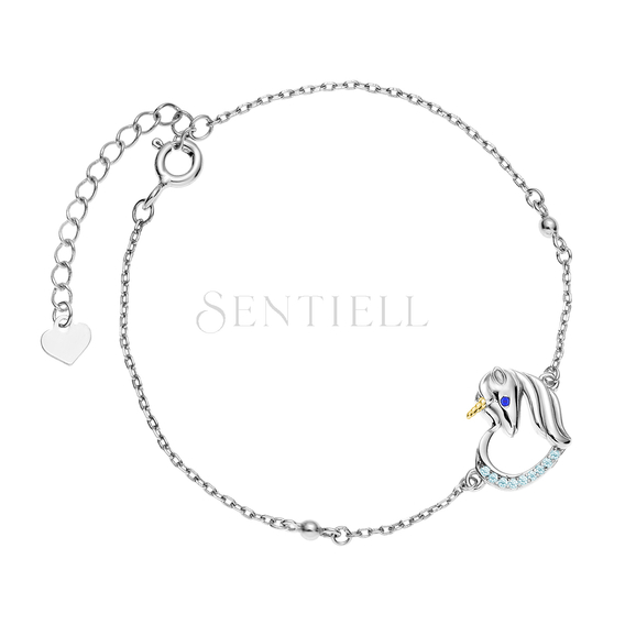 Silver (925) bracelet - unicorn with aquamarine zirconias and sapphire eye