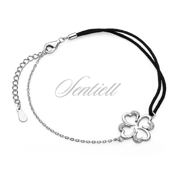 Silver (925) bracelet with black cord - clover with zirconias