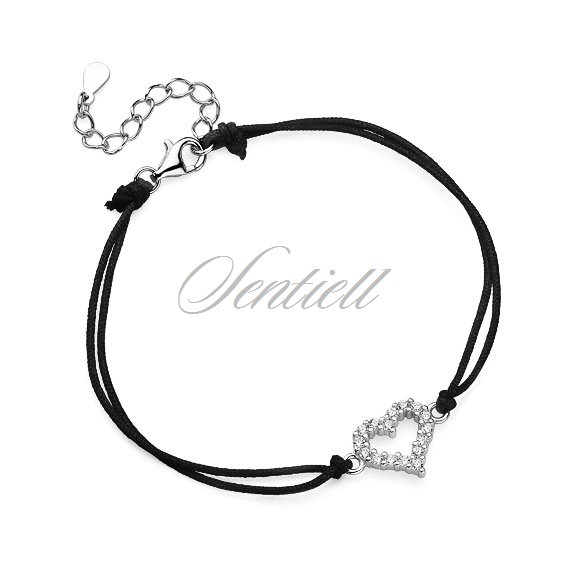 Silver (925) bracelet with black cord - heart with zirconia