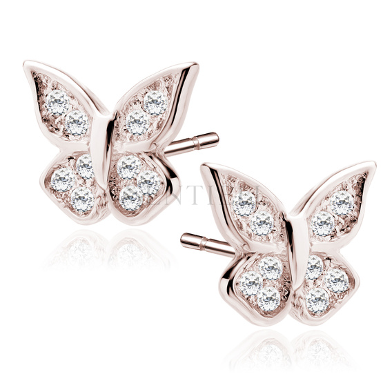 Silver (925) butterfly earrings with zirconia, rose gold-plated