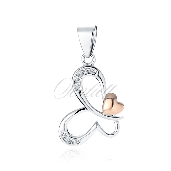 Silver (925) butterfly with rose gold-plated heart and white zirconias