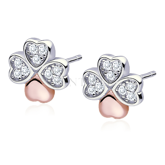 Silver (925) clover earrings with zirconias, rose gold-plated leaf