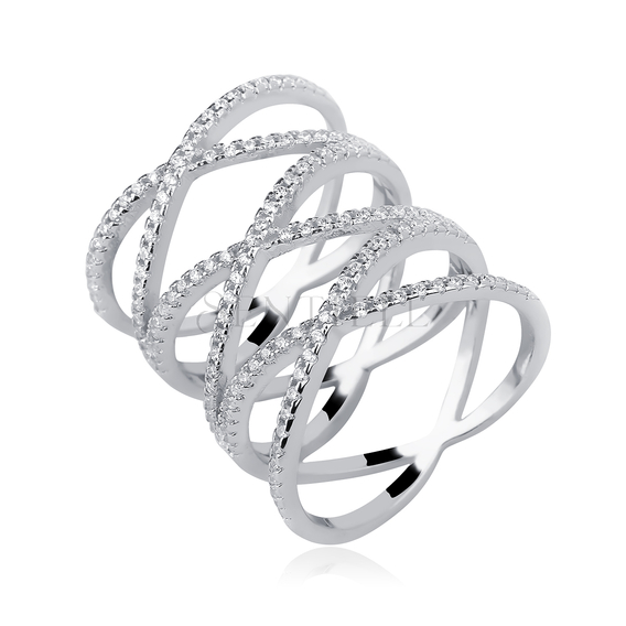 Silver (925) crossed ring with white zirconia