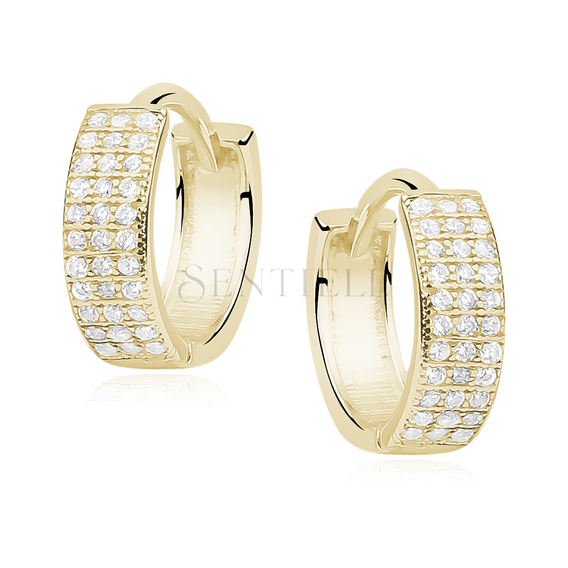 Silver (925) earrings hoop with three rows of zirconia, gold-plated