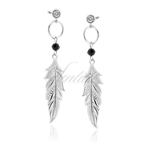 Silver (925) earrings with black spinel and white zirconias - feather