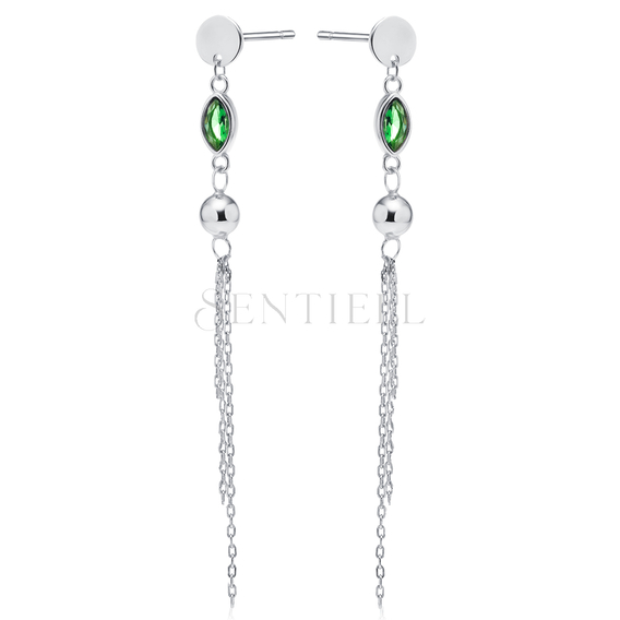 Silver (925) earrings with emerald zirconia, ball and chains