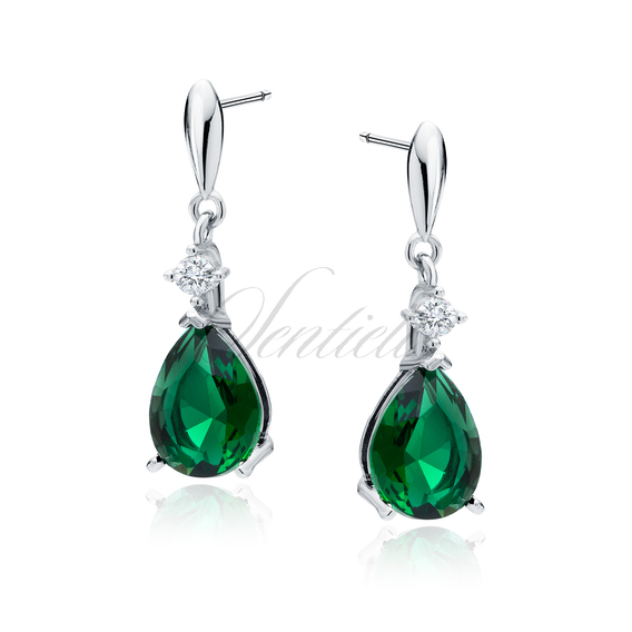 Silver (925) earrings with emerald zirconia - teardrop