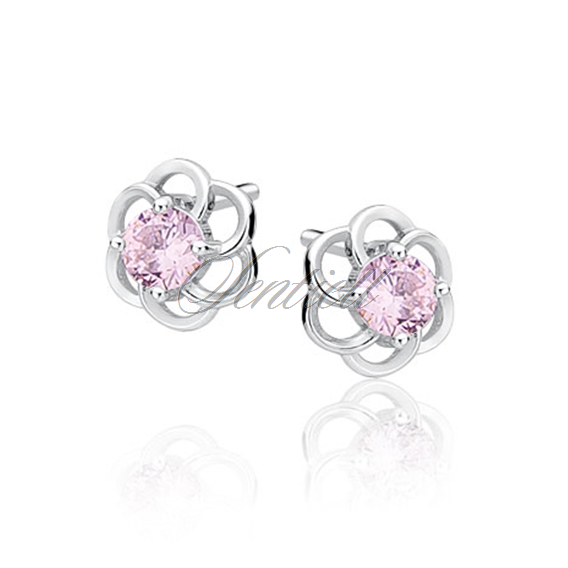 Silver (925) elegant earrings - flowers with light pink zirconia