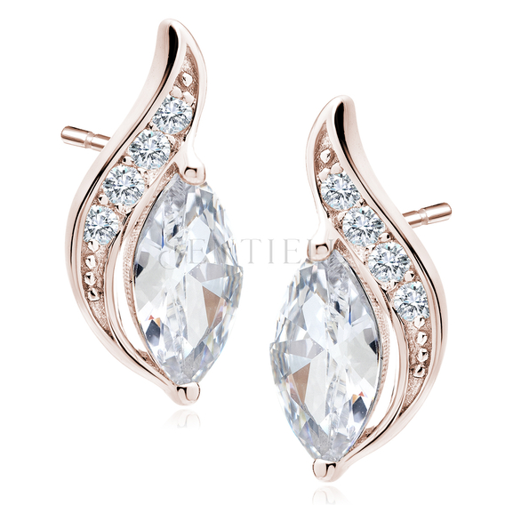 Silver (925) elegant rose gold-plated earrings with white marquoise zirconia
