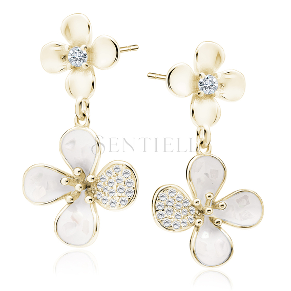 Silver (925) gold-plated earrings flowers with nacre and white zirconias