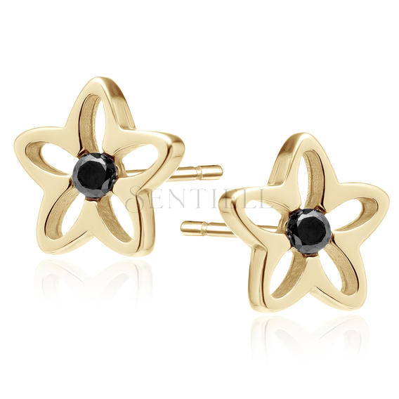 Silver (925) gold-plated earrings with black zirconia - flowers