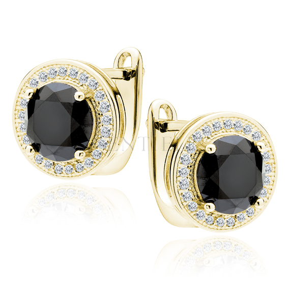 Silver (925) gold-plated earrings with round black zirconia