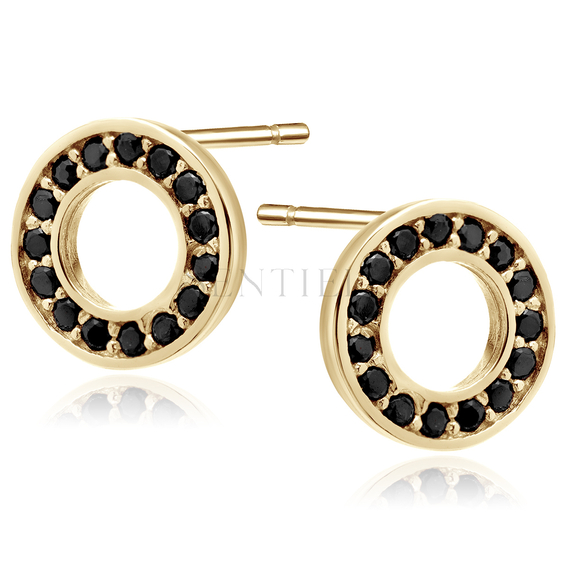 Silver (925) gold-plated round earrings with black zirconias