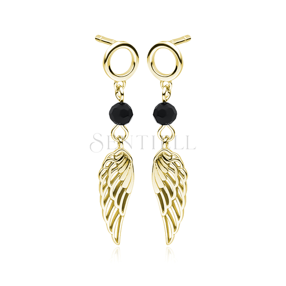 Silver (925) gold-plated wings earrings with black zirconia / spinel